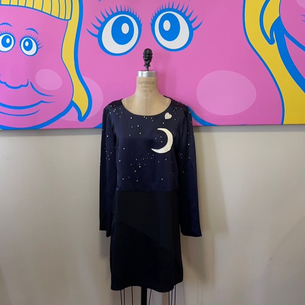 Moschino Cheap Chic Navy Satin Moon Stars Dress